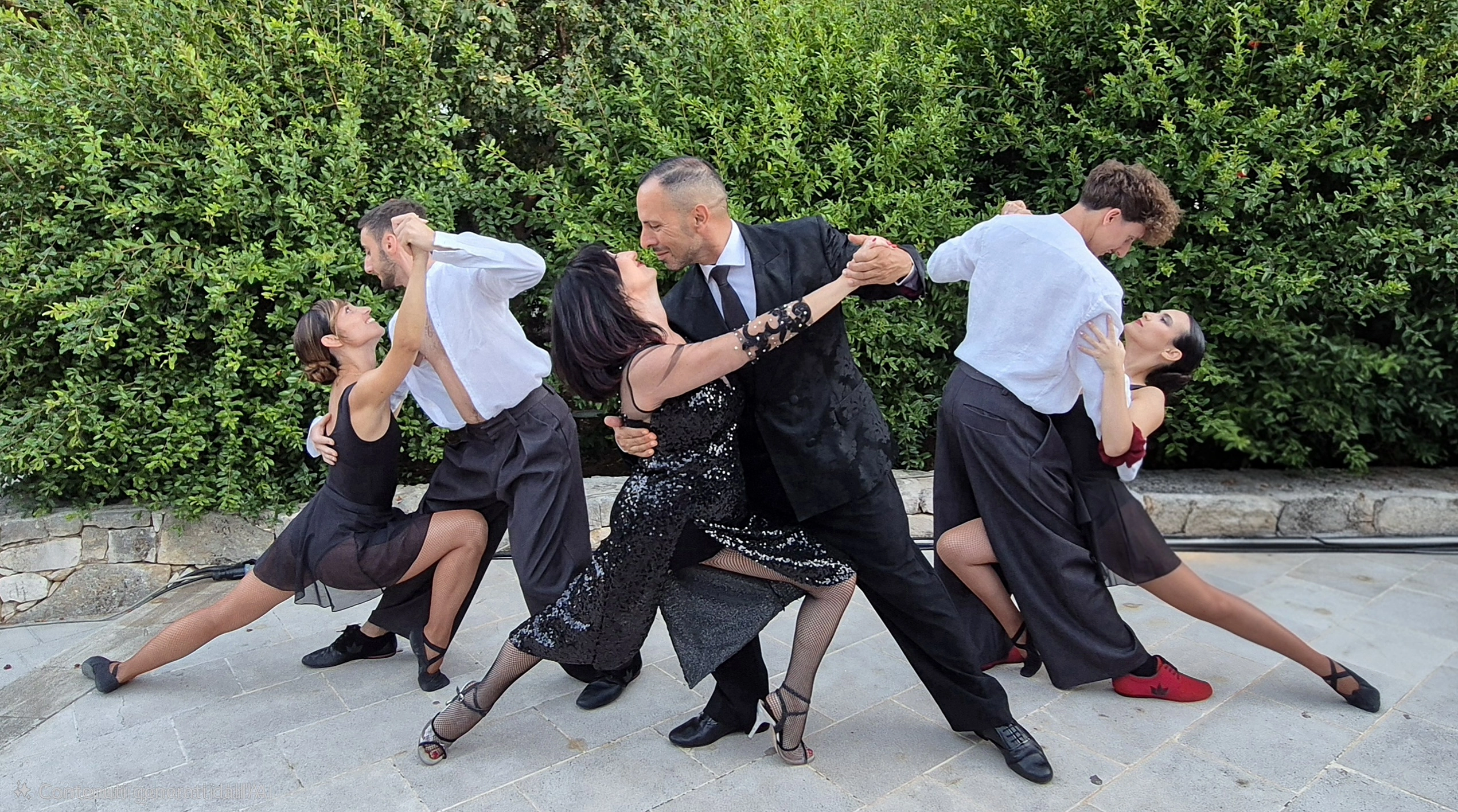 Coppie di tango argentino in posa durante uno spettacolo all'aperto