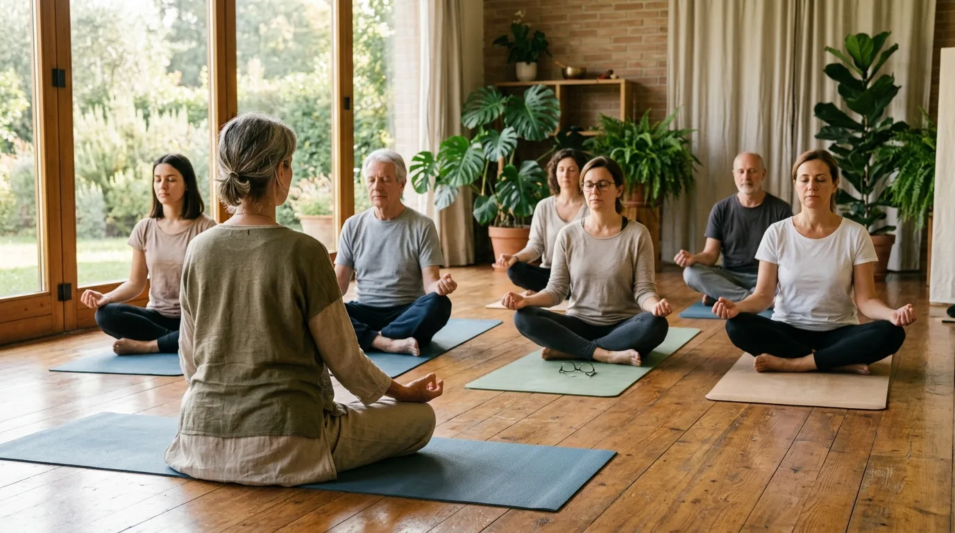 Persone sedute in meditazione a occhi chiusi in una sala luminosa