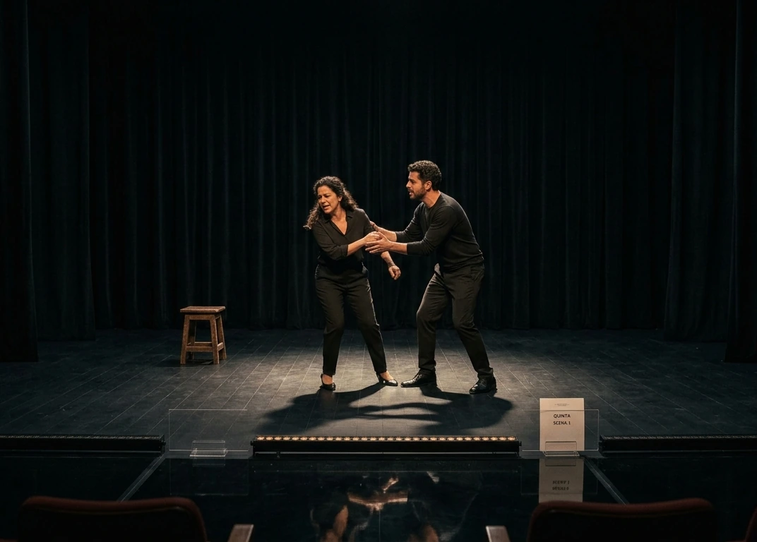Due attori in scena su un palcoscenico