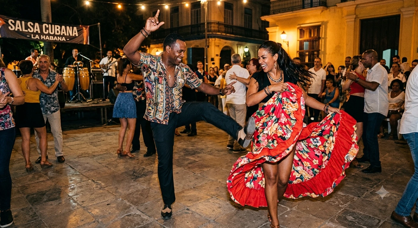 Coppia che balla la salsa cubana in una piazza illuminata