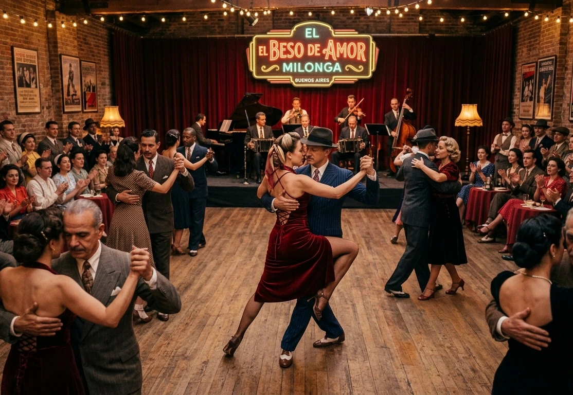 Coppia di tango durante una milonga con orchestra dal vivo