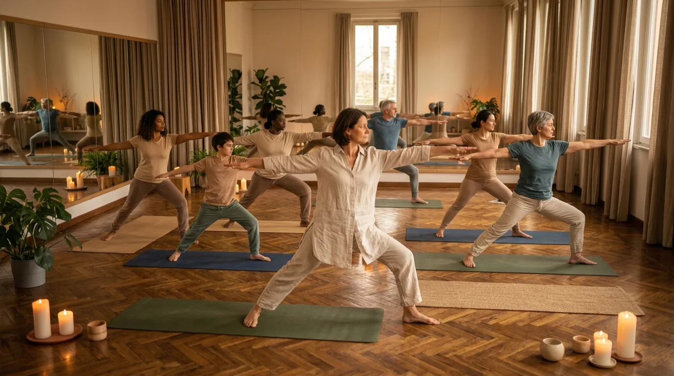 Lezione di yoga in una sala con parquet e candele, allievi nella posizione del guerriero